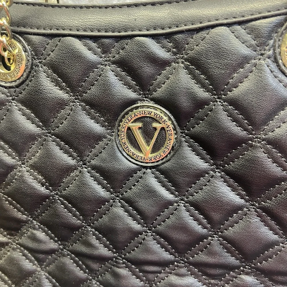 Vera‎ of New York Black Enya Quilt  Satchel Purse Style #VNF22722 Faux Leather